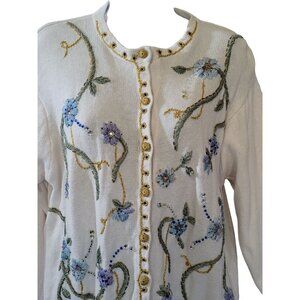 Arriviste Cardigan Sweater L Womens Embroidered Beaded Floral Design Ramie